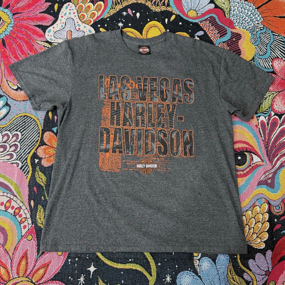Harley Davidson Las Vegas NV Gray Graphic Print T-Shirt Moto Biker Grunge XL